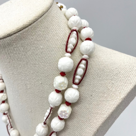 West Germany Two Strand White Bead Necklace Red Accents Ornate Gold Tone Clasp - Picture 3 of 9
